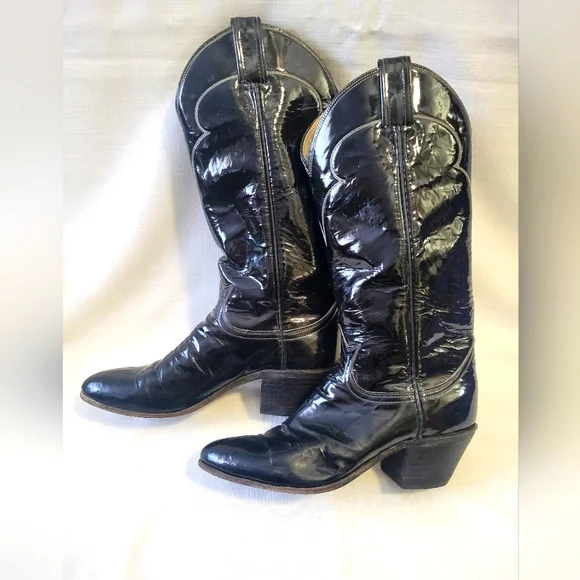 Vtg. Tony Lama Black Patent Leather Cowboy Boots size 6A